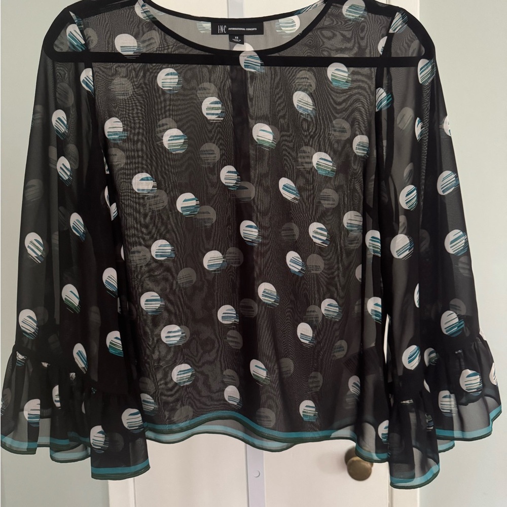 INC International Concepts Black Sheer Blouse with Long Bell Sleeves